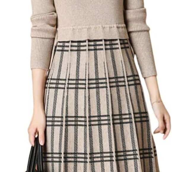 Dresses & Skirts - Women's Plaid Checkered Color Block A Line Pleated Knit Midi Dress